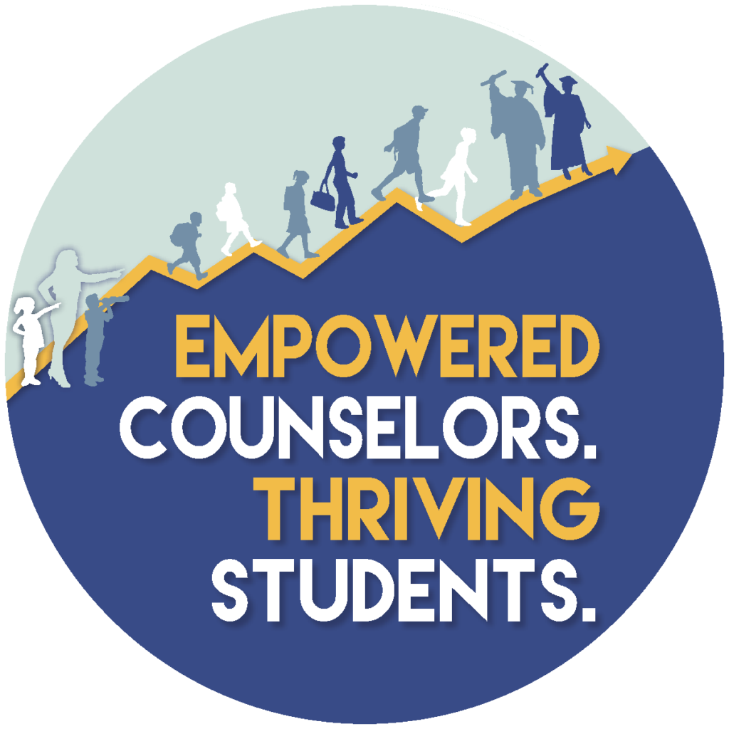 Circular graphic with silhouettes climbing a yellow line toward a graduate, with the words “Empowered Counselors. Thriving Students.”
