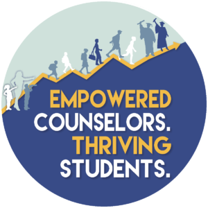 Circular graphic with silhouettes climbing a yellow line toward a graduate, with the words “Empowered Counselors. Thriving Students.”