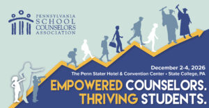 Graphic showing students progressing along an upward arrow, symbolizing empowered counselors supporting student growth for the Pennsylvania School Counselors Association conference