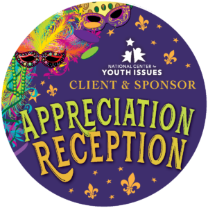 Client and Sponsor Appreciation Reception badge with colorful Mardi Gras masks, feathers, and beads on a purple background