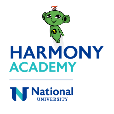 Green cartoon character with large, round ears and a yellow “Z” on its chest above the words “Harmony Academy,” with the National University logo beneath it.