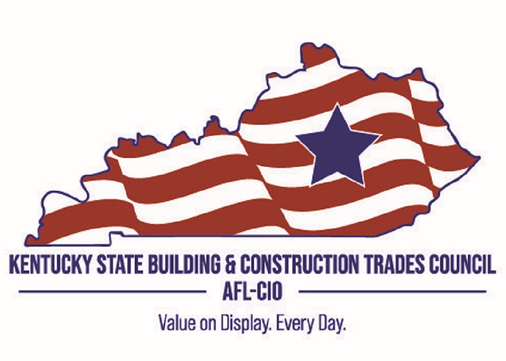 Outline of Kentucky filled with an American flag design, featuring a blue star in the center, with the text “Kentucky State Building & Construction Trades Council AFL‑CIO – Value on Display. Every Day.”