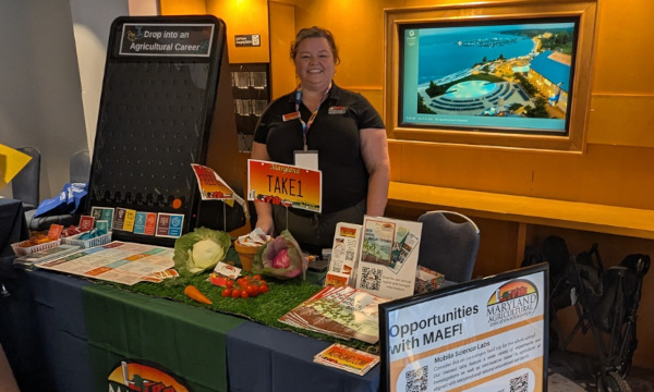 Exhbitor table set up with items and games, with a representative smiling