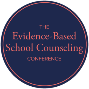 Circular logo for The Evidence-Based School Counseling Conference. Coral-colored text reading “THE Evidence-Based School Counseling CONFERENCE” is centered within a dark navy blue circle outlined with coral and white rings, set against a red background.