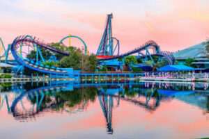 Roller coaster and waterfront at SeaWorld Orlando, a nearby attraction for conference attendees.